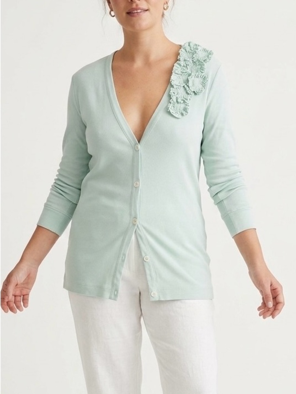 Crew Mint Green Ruffle Cotton Cardigan V-Neck Sweater XS Coquette Romantic